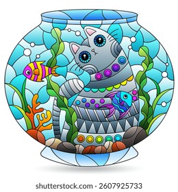 Stained glass illustration with cat and an aquarium, animal isolated on a white background