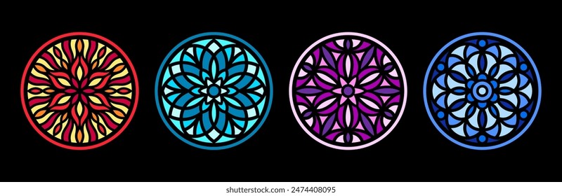 Stained glass illustration collection, circle shape pattern, rose gothic window mandala ornament. Round frames set, radial floral motive design elements. Colorful mosaic decoration, backgrounds bundle