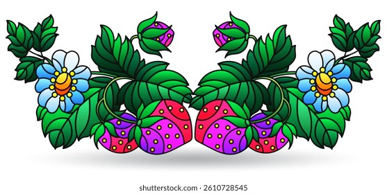 Stained glass illustration with composition of berries and strawberry leaves, isolated on a white background