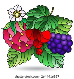 Stained glass illustration with composition of berries and leaves, isolated on a white background