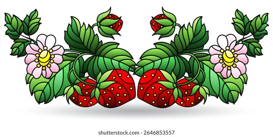 Ilustração de vitral com composição de bagas e folhas de morango, isoladas em um fundo branco