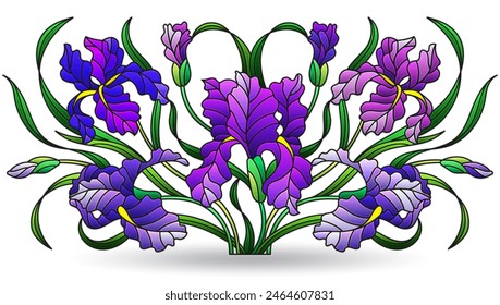 Stained glass illustration with composition of iris flowers, isolated on a white background