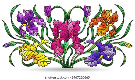 Stained glass illustration with composition of iris flowers, isolated on a white background