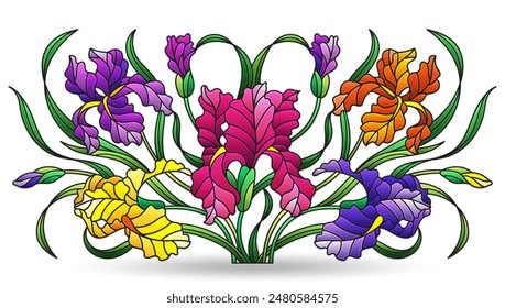 Stained glass illustration with composition of iris flowers, isolated on a white background