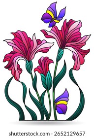 Ilustração em vitral com composição de flores da íris, isoladas sobre um fundo branco