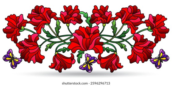 Stained glass illustration with composition of poppies and butterflies, isolated on a white background