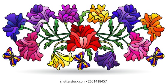 Stained glass illustration with composition of poppies and butterflies, isolated on a white background