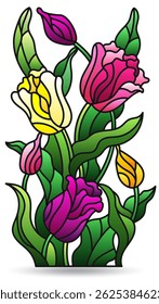 Stained glass illustration with composition of tulips, flowers isolated on a white background