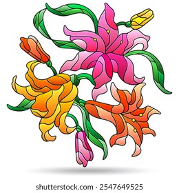 Ilustración de vitrales con composiciones de flores de lirio, aisladas sobre un fondo blanco