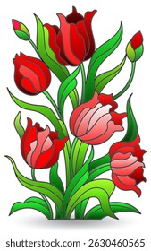 Stained glass illustration with compositions of tulips, flowers isolated on a white background
