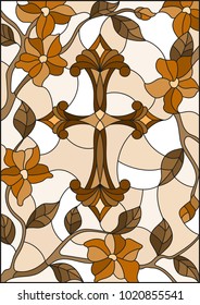 Stained glass illustration with a cross in the sky and flowers,brown tone , Sepia