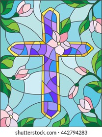 Stained glass illustration with a cross in the sky and flowers