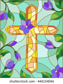 Stained glass illustration with a cross in the sky and flowers