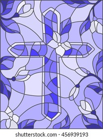 Stained glass illustration with a cross in the sky and flowers,blue tones