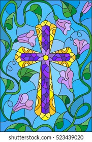 Stained glass illustration with a cross in the sky and flowers