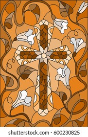 Stained glass illustration with a cross in the sky and flowers,brown tone , Sepia