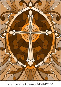 Stained glass illustration with a cross in the sky and flowers,brown tone , Sepia