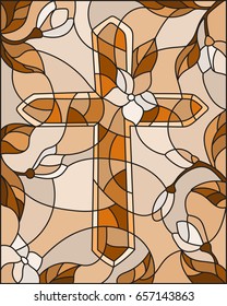 Stained glass illustration with a cross in the sky and flowers,brown tones