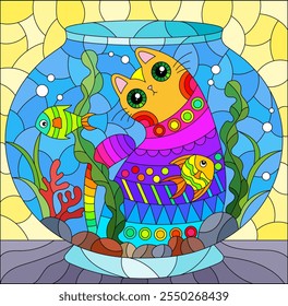 A stained glass illustration with a cute bright cat and a round aquarium with fish