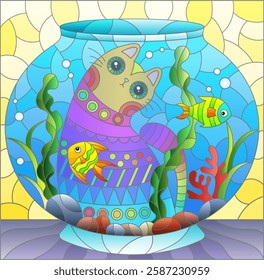 A stained glass illustration with a cute bright cat and a round aquarium with fish