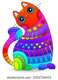 Stained glass illustration with cute bright cat, isolated animal on a white background