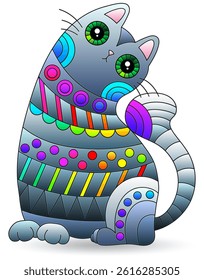 Stained glass illustration with cute bright cat, isolated animal on a white background