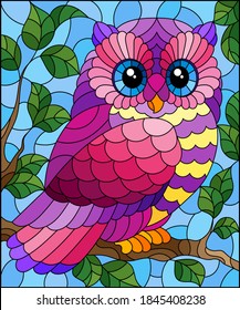 A stained glass illustration with a cute cartoon owl sitting on a tree branch against a blue sky