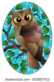 A stained glass illustration with a cute cartoon brown owl sitting on a tree branch against a blue sky background, oval image