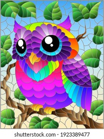 A stained glass illustration with a cute cartoon rainbow owl sitting on a tree branch against a blue sky