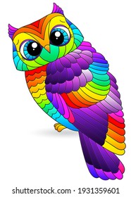 A stained glass illustration with a cute cartoon rainbow owl, a bird isolated on a white background