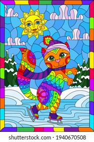 Stained glass illustration with a cute cartoon cat on skates against a winter landscape, a rectangular image in a bright frame