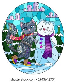 Stained glass illustration with a cute cartoon kitten and a snowman against a winter landscape, oval image 