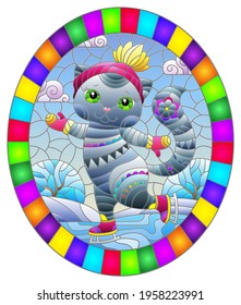 Stained glass illustration with a cute cartoon cat on skates against a winter landscape, oval image in bright frame