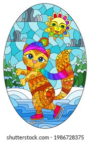 Stained glass illustration with a cute cartoon cat on skates against a winter landscape, oval image 