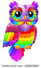 A stained glass illustration with a cute cartoon rainbow owl, a bird isolated on a white background