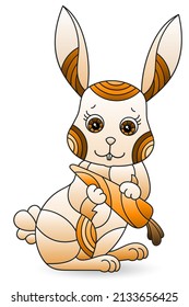 Stained glass illustration with a cute cartoon rabbit, the animal isolated on a white background, tone brown