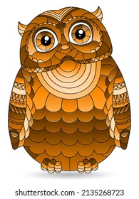 A stained glass illustration with a cute cartoon  owl, a bird isolated on a white background, tone brown