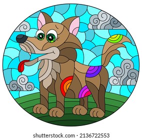 A stained glass illustration with a cute cartoon dog in a meadow against a cloudy sky, oval image