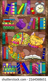 A stained glass illustration with a cute cartoon cat sleeping on bookshelves