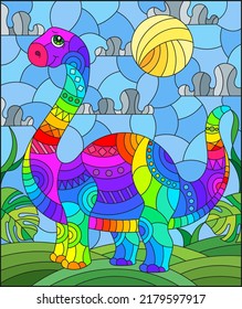 A stained glass illustration with a cute cartoon dinosaur on the background of fields and sky