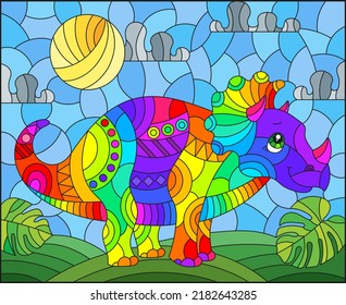 A stained glass illustration with a cute cartoon dinosaur on the background of fields and sky