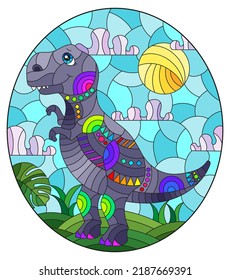 A stained glass illustration with a cute cartoon dinosaur on the background of fields and sky, oval image