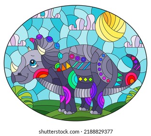 A stained glass illustration with a cute cartoon dinosaur on the background of fields and sky, oval image