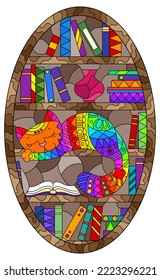 A stained glass illustration with a cute cartoon cat sleeping on bookshelves, oval image