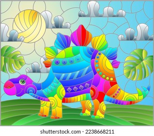 A stained glass illustration with a cute cartoon dinosaur on the background of fields and sky