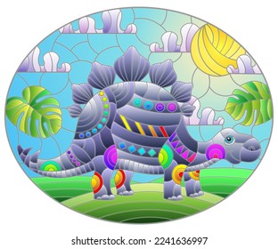 A stained glass illustration with a cute cartoon dinosaur on the background of fields and sky, oval image