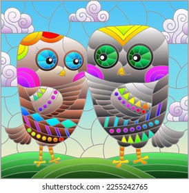 Stained glass illustration with cute cartoon owls, animals on a meadow and sky background