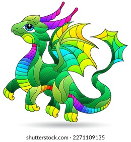 Stained glass illustration with cute cartoon dragon, animal isolated on a white background