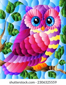 A stained glass illustration with a cute cartoon owl sitting on a tree branch against a blue sky