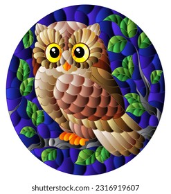 A stained glass illustration with a cute cartoon owl sitting on a tree branch against a night sky  background, oval image in bright frame
